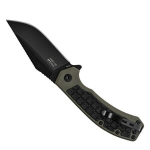 Kershaw Faultine Pocketknife (8760); 3-Inch 8Cr13MoV Blade with KVT Manual Open, Black Oxide Coating and Rubber Overmold, Olive Handle, Pocketclip