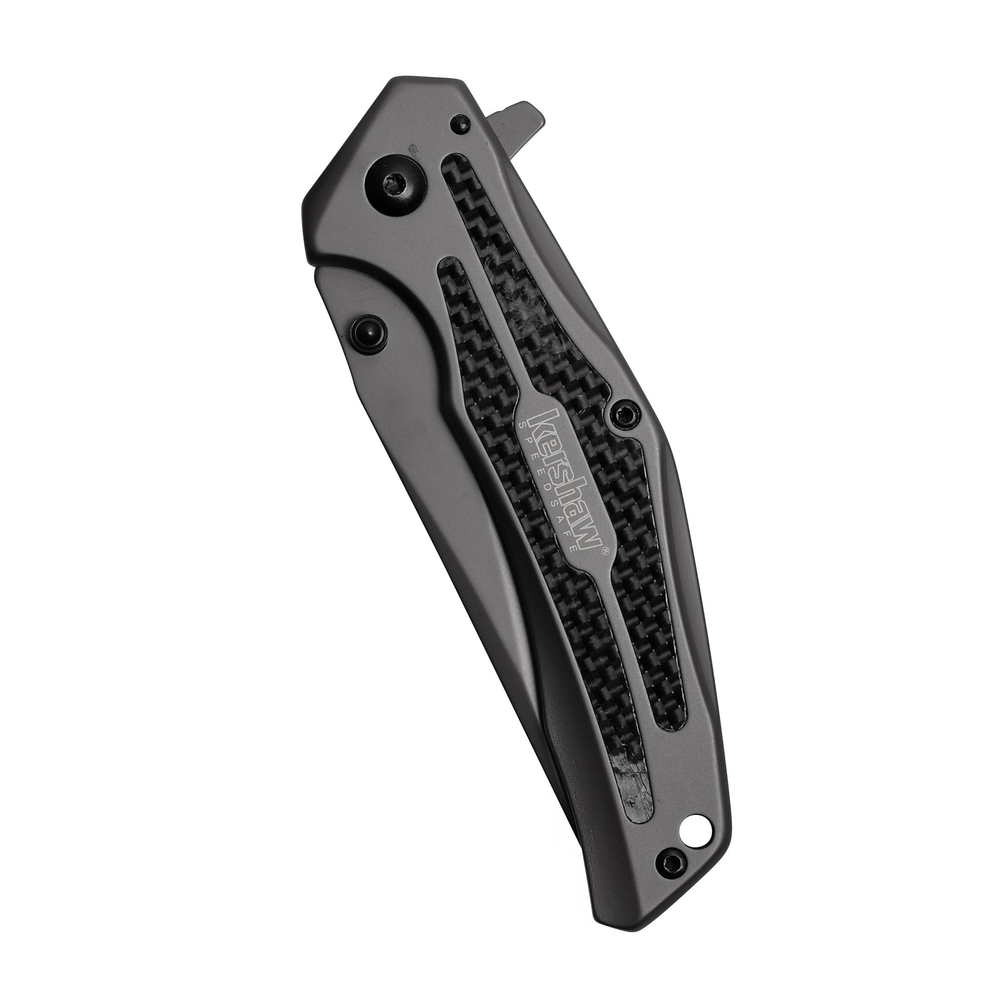 Kershaw Duojet Pocket Knife (8300); 3.25 In. 8Cr13MoV Blade and Steel Handle with Gray Titanium Carbo-Nitride Coating; Carbon Fiber Insert, SpeedSafe Assisted Open; Single-Position Pocketclip; 4.9 oz.