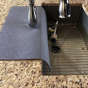 Gray, Kitchen sink faucet splash guard/guards faucet area from water damage, chipping and too much wiping, copyright 2017/TM/Patent Approved (17 in. width x 23 in. length)