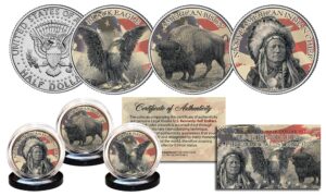 native american symbol jfk half dollar 3-coin set black eagle indian chief bison