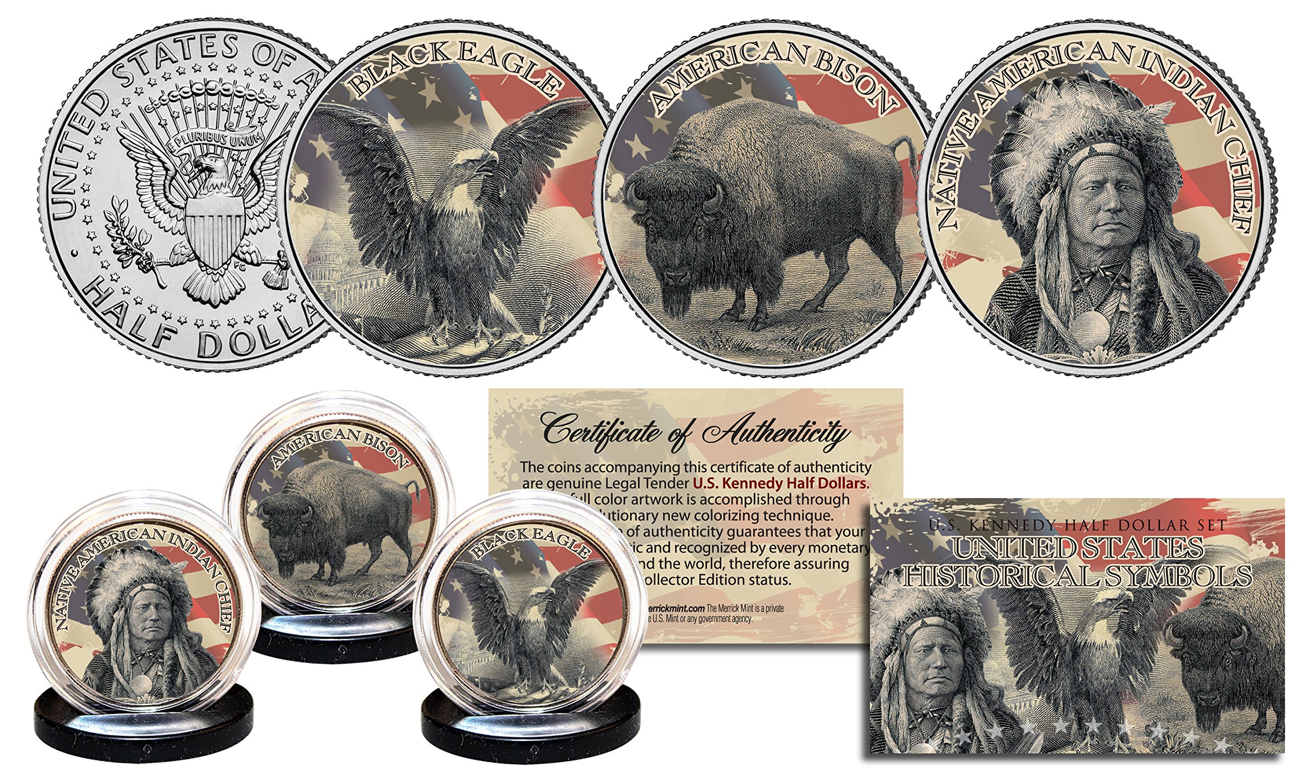 Native American Symbol JFK Half Dollar 3-Coin Set Black Eagle Indian Chief Bison