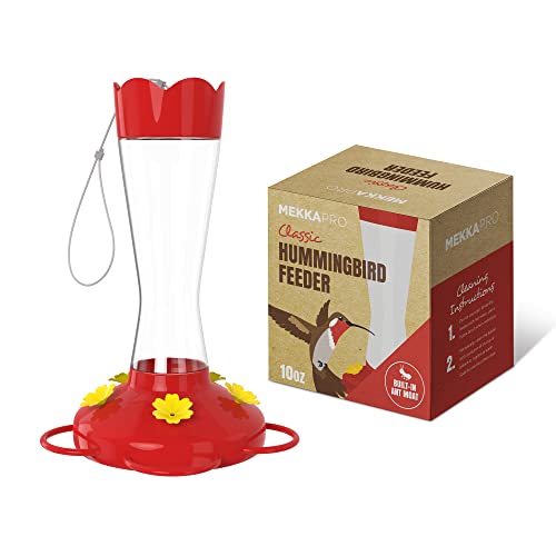 MEKKAPRO Outdoor Hummingbird Feeder Made from Glass, Humming Bird Feeders for Outdoors Hanging Ant and Bee Proof with 5 Nectar Feeding Stations, Bright Red, Backyard Feeder (10 Ounces)