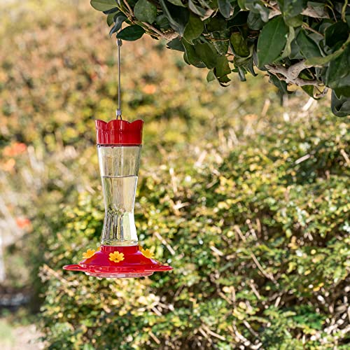 MEKKAPRO Outdoor Hummingbird Feeder Made from Glass, Humming Bird Feeders for Outdoors Hanging Ant and Bee Proof with 5 Nectar Feeding Stations, Bright Red, Backyard Feeder (10 Ounces)