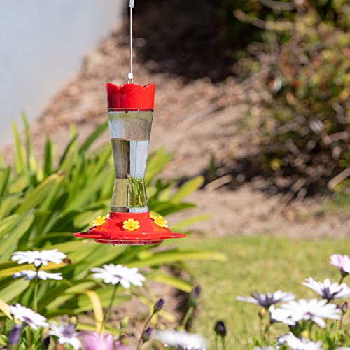 MEKKAPRO Outdoor Hummingbird Feeder Made from Glass, Humming Bird Feeders for Outdoors Hanging Ant and Bee Proof with 5 Nectar Feeding Stations, Bright Red, Backyard Feeder (10 Ounces)