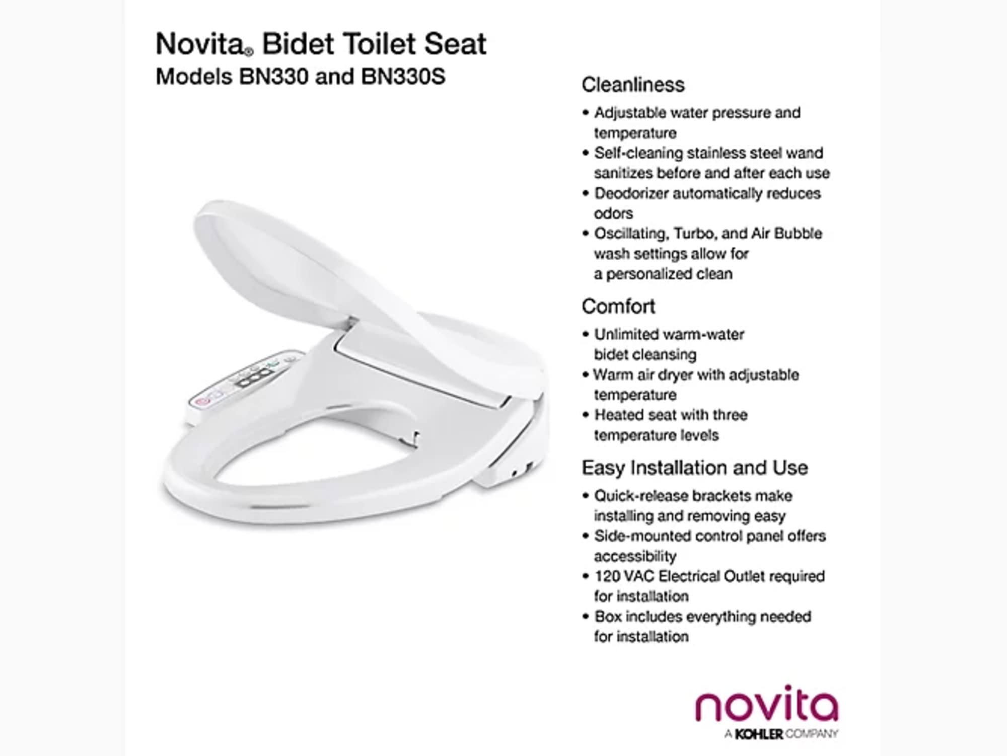 KOHLER BN330-N0 Novita Electric Bidet Toliet Seat, Elongated Heated Bidet Warm Water Bidet with Dryer, Bidets for Existing Toilets, White