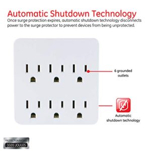 GE Pro 6-Outlet Extender Surge Protector, Wall Tap Adapter, Charging Station, Automatic Shutdown, 3-Prong, 1020 Joules, UL Listed, White, 36727