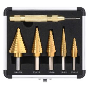 hyclat 5pcs step drill bit set & 1pc automatic center punch | titanium high-speed steel (hss) stepper cone drill bit | covering 50 sizes(1/8''-1 3/8''), 135 degree point, with aluminum case