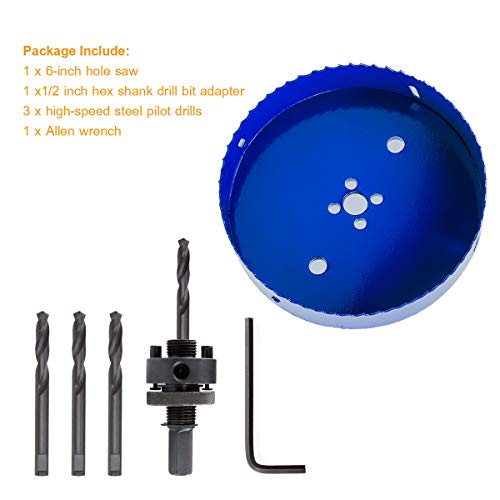 ASelected 6 inch 152 mm Hole Saw Blade for Cornhole Boards/Corn Hole Drilling Cutter & Hex Shank Drill Bit Adapter for Cornhole Game/Carbon Steel & BI-Metal Heavy Duty Steel (Blue)