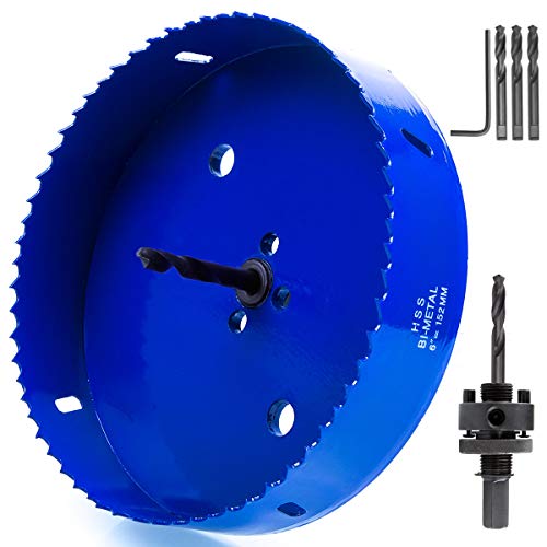 ASelected 6 inch 152 mm Hole Saw Blade for Cornhole Boards/Corn Hole Drilling Cutter & Hex Shank Drill Bit Adapter for Cornhole Game/Carbon Steel & BI-Metal Heavy Duty Steel (Blue)