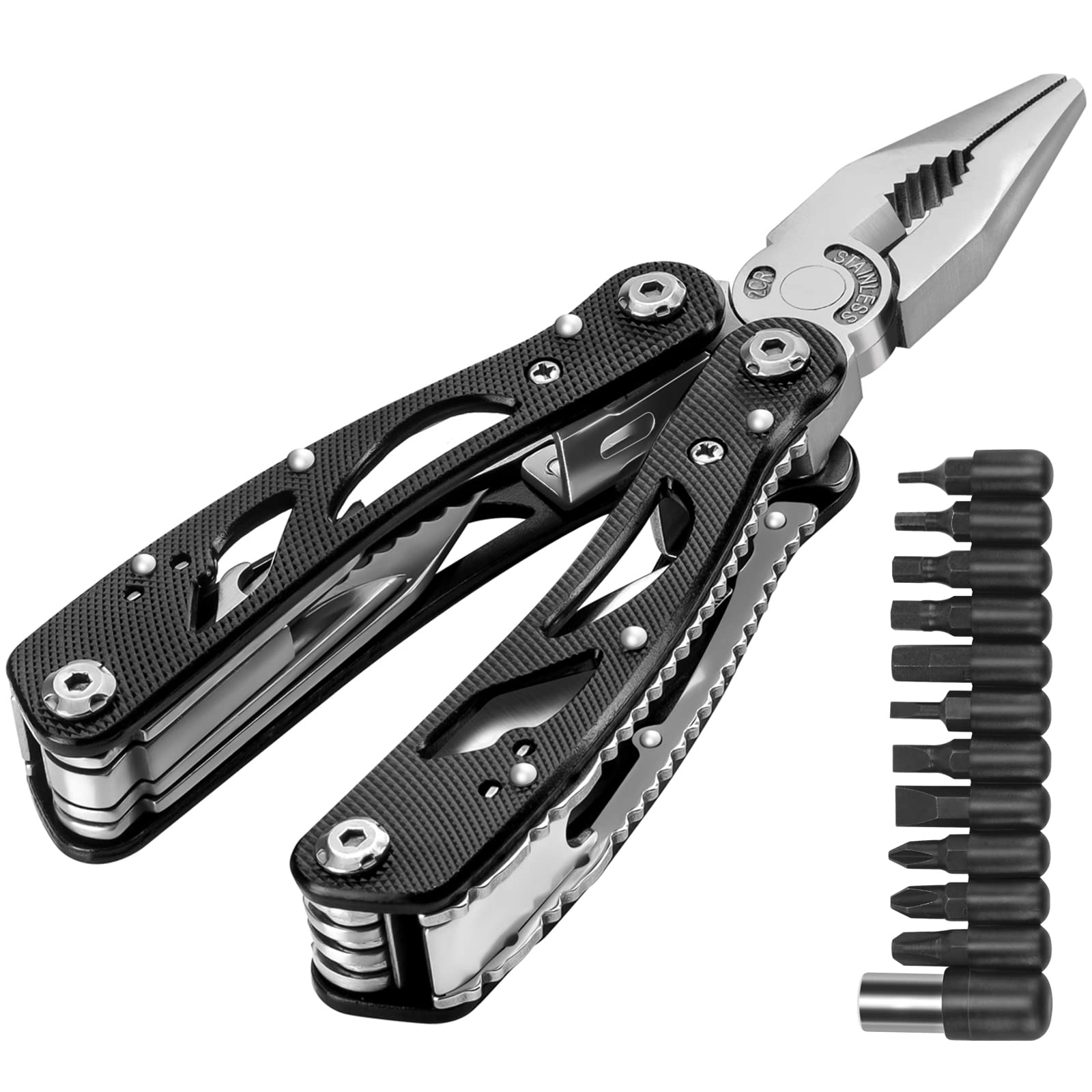 Poeland Multitool Pliers Set Stainless Steel Screwdriver Tool with 11 Screwdriver Bits Black