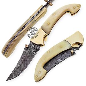 beautiful camel bone 7.25" damascus steel folding pocket knife with brass bolster, 100% prime quality
