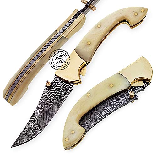 Beautiful Camel Bone 7.25" Damascus Steel Folding Pocket Knife with Brass Bolster, 100% Prime Quality