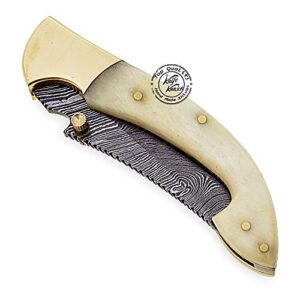 Beautiful Camel Bone 7.25" Damascus Steel Folding Pocket Knife with Brass Bolster, 100% Prime Quality