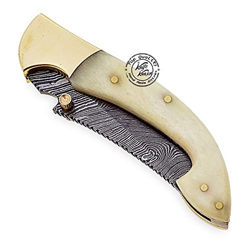 Beautiful Camel Bone 7.25" Damascus Steel Folding Pocket Knife with Brass Bolster, 100% Prime Quality