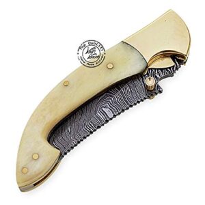 Beautiful Camel Bone 7.25" Damascus Steel Folding Pocket Knife with Brass Bolster, 100% Prime Quality