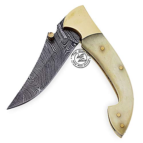 Beautiful Camel Bone 7.25" Damascus Steel Folding Pocket Knife with Brass Bolster, 100% Prime Quality