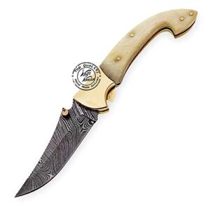 Beautiful Camel Bone 7.25" Damascus Steel Folding Pocket Knife with Brass Bolster, 100% Prime Quality