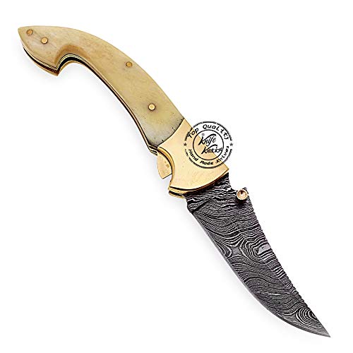 Beautiful Camel Bone 7.25" Damascus Steel Folding Pocket Knife with Brass Bolster, 100% Prime Quality