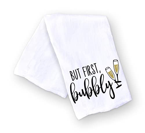 Handmade Funny Kitchen Towel - 100% Cotton Funny Hand Bar Towels for Champagne Celebrations - 28x28 Inch Perfect for Hostess Housewarming Christmas Mother’s Day Birthday Gift (But First Bubbly)