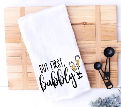 Handmade Funny Kitchen Towel - 100% Cotton Funny Hand Bar Towels for Champagne Celebrations - 28x28 Inch Perfect for Hostess Housewarming Christmas Mother’s Day Birthday Gift (But First Bubbly)