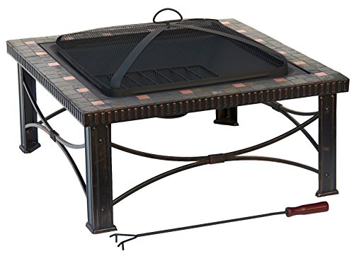 Hiland FTB-51161 Wood Burning Fire Pit w/Poker and Mesh Screen Lid, Large, Slate/Copper