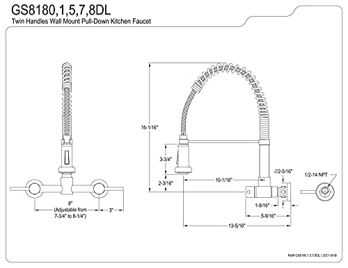 Kingston Brass GS8185DL Concord 8" Centerset Wall Mount Pull-Down Kitchen Faucet, 7-1/2" in Spout Reach, Oil Rubbed Bronze