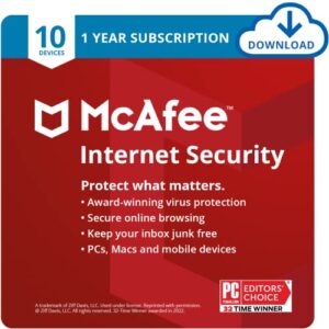 mcafee internet security | 10 device | antivirus software | password manager | windows/mac/android/ios | 1 year subscription | download code