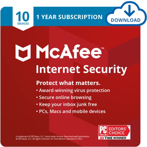 McAfee Internet Security | 10 Device | Antivirus Software | Password Manager | Windows/Mac/Android/iOS | 1 Year Subscription | Download Code