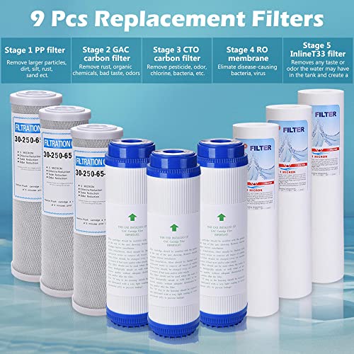 Yescom 9 Pcs Filter Replacement for Reverse Osmosis Set RO Water Sediment Carbon Block GAC