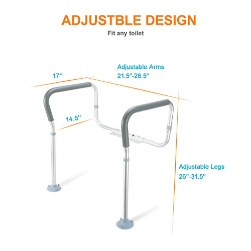 OasisSpace Toilet Rail - Medical Bathroom Safety Frame for Elderly, Handicap and Disabled - Adjustable Toilet Safety Handrail, 2 Additional Rubber Tips