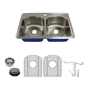 transolid k-mtdd33229-1 meridian 1-hole drop-in 50/50 double bowl 16-gauge stainless steel kitchen sink kit, 33-in x 22-in x 9-in, brushed finish