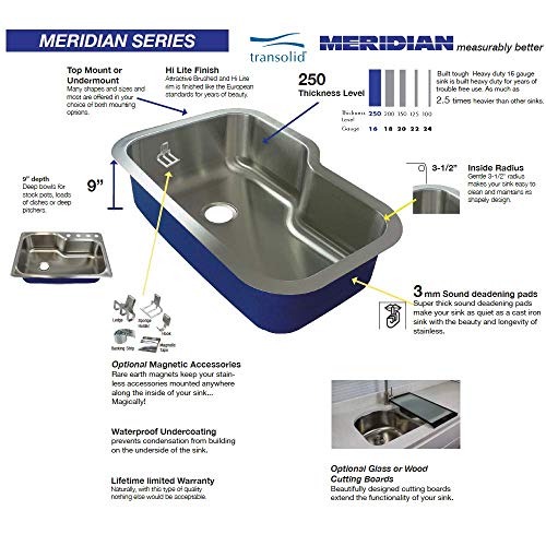 Transolid K-MTSO25229-3 Meridian 3-Hole Drop-in Single Bowl 16-Gauge Stainless Steel Kitchen Sink Kit, 25-in x 22-in x 9-in, Brushed Finish