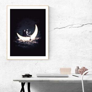 Crescent Moon and Astronaut Art Print Outer Space Rowing Boat Lunar Galaxy Celestial Stars Poster Home Decor 18 x 24 Art Print