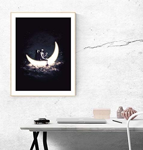 Crescent Moon and Astronaut Art Print Outer Space Rowing Boat Lunar Galaxy Celestial Stars Poster Home Decor 18 x 24 Art Print