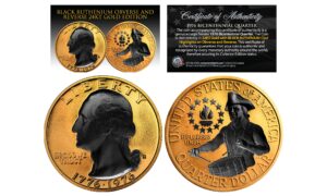 24k gold plated 2-sided 1976 bicentennial quarter with black ruthenium features