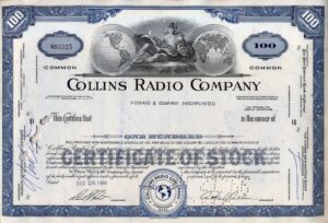 1965 superb art deco vintiage collins radio stock certificate! ww2 military and aerospace communications! buy 2 and 2nd color ships free! 100 shares (blue) unicrculated