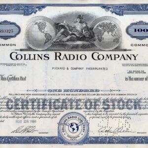 1965 SUPERB ART DECO VINTIAGE COLLINS RADIO STOCK CERTIFICATE! WW2 MILITARY and AEROSPACE COMMUNICATIONS! BUY 2 and 2ND COLOR SHIPS FREE! 100 SHARES (Blue) Unicrculated