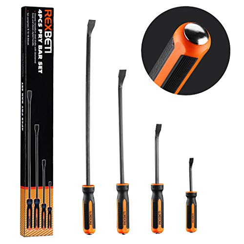 REXBETI Pry Bar Set, Heavy Duty Pry Bar 4-Piece Mechanic Hand Tools, Thicker Strike Cap Handle, Black Orange