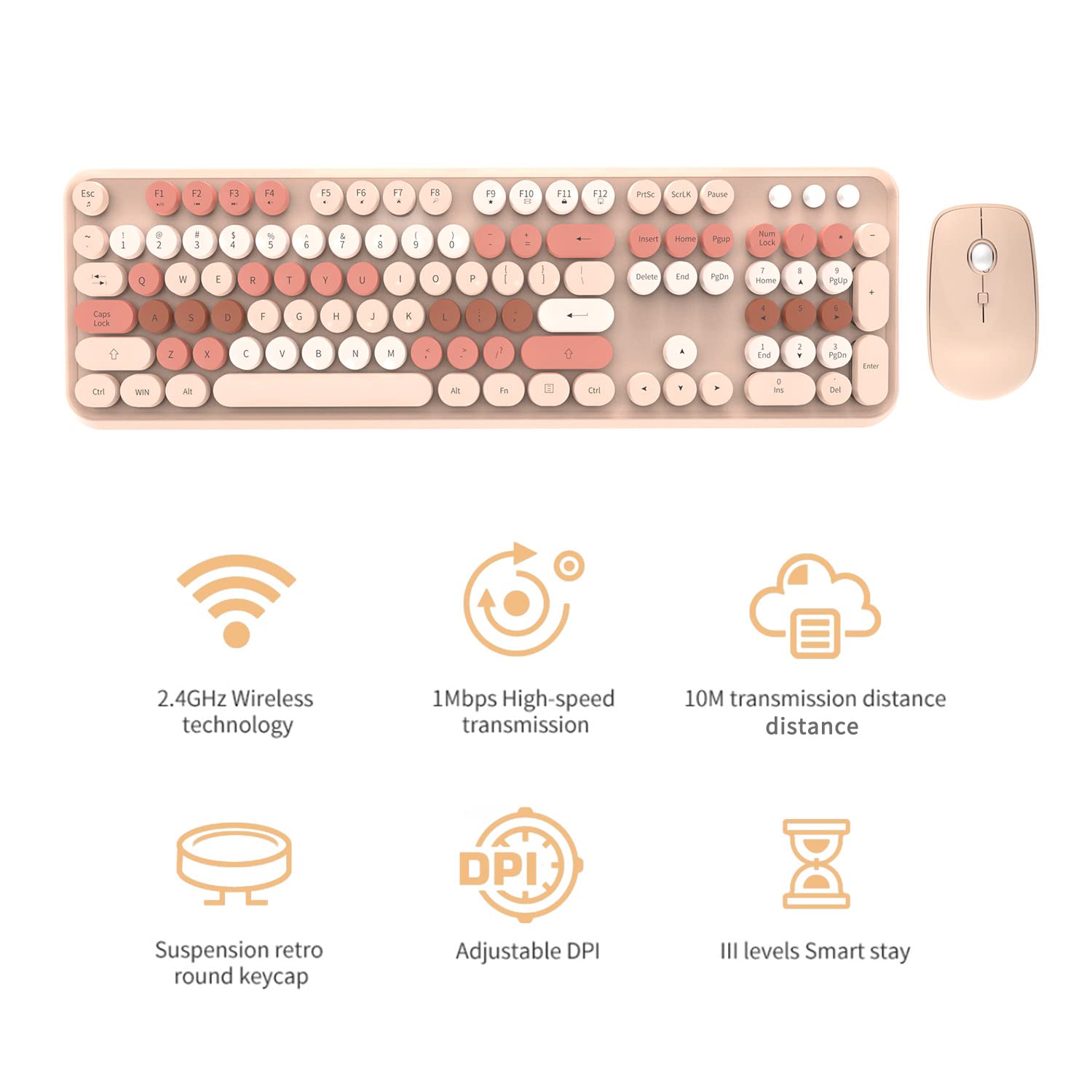 SADES V2020 Keyboard and Mouse Combo, Colorful Wireless Keyboard with Round Keycaps,2.4GHz Dropout-Free Connection,Long Battery Life,Cute Wireless Mouse for PC/Laptop/Computer (MilkTea Color)