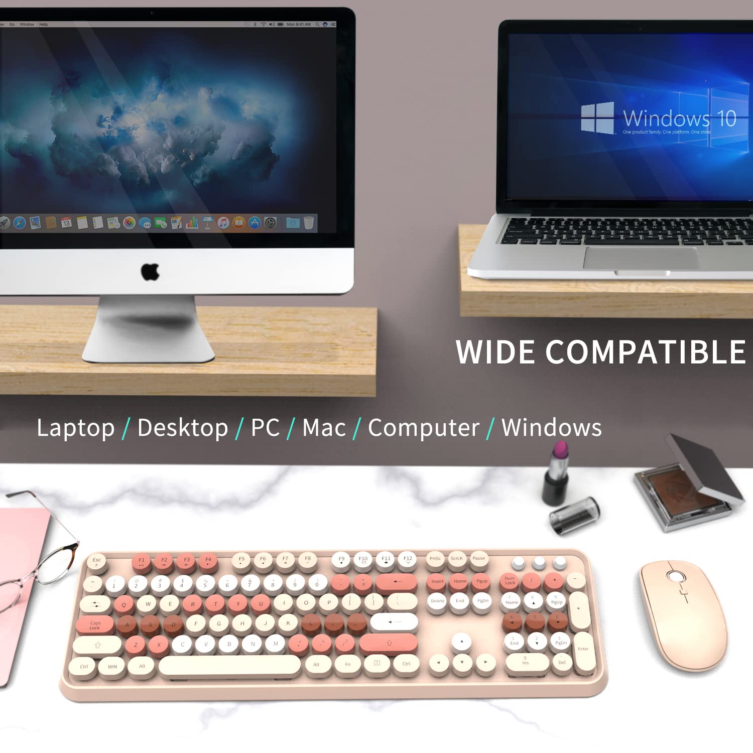 SADES V2020 Keyboard and Mouse Combo, Colorful Wireless Keyboard with Round Keycaps,2.4GHz Dropout-Free Connection,Long Battery Life,Cute Wireless Mouse for PC/Laptop/Computer (MilkTea Color)