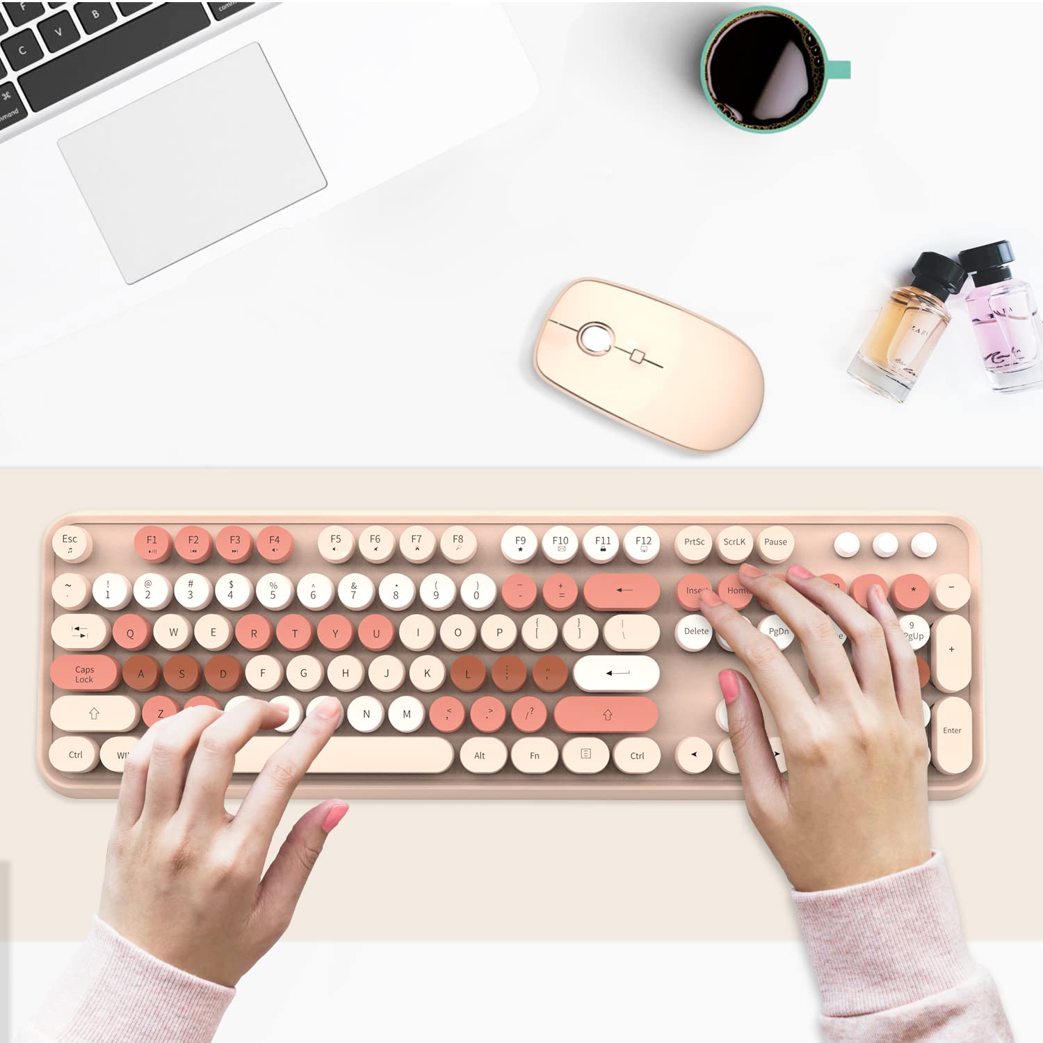 SADES V2020 Keyboard and Mouse Combo, Colorful Wireless Keyboard with Round Keycaps,2.4GHz Dropout-Free Connection,Long Battery Life,Cute Wireless Mouse for PC/Laptop/Computer (MilkTea Color)