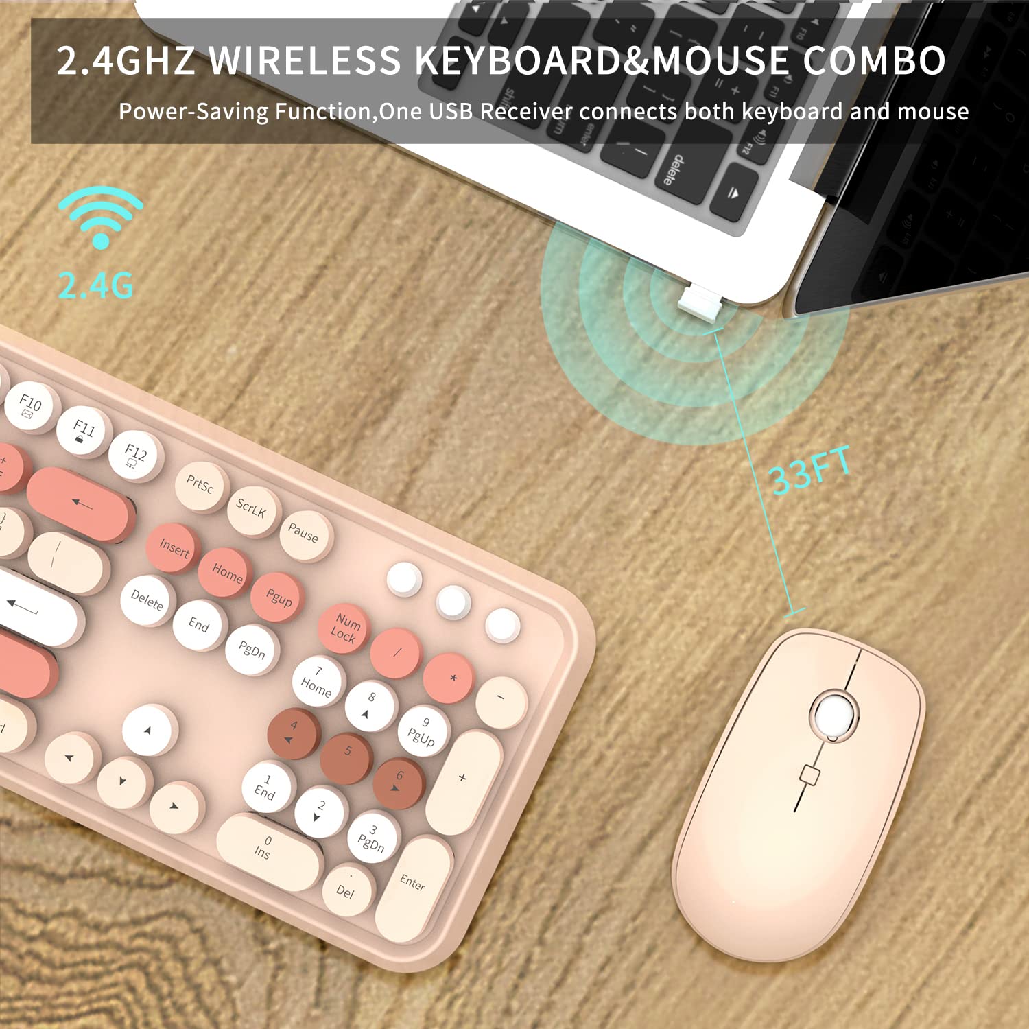 SADES V2020 Keyboard and Mouse Combo, Colorful Wireless Keyboard with Round Keycaps,2.4GHz Dropout-Free Connection,Long Battery Life,Cute Wireless Mouse for PC/Laptop/Computer (MilkTea Color)