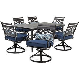hanover montclair 7-piece steel patio dining set with 6 swivel rockers, navy blue cushions and stamped steel 40"x 67" rectangular dining table, outdoor dining set for 6, all weather patio furniture