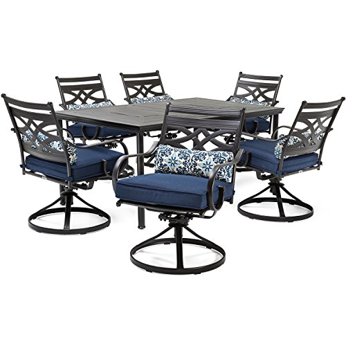 Hanover Montclair 7-Piece Steel Patio Dining Set with 6 Swivel Rockers, Navy Blue Cushions and Stamped Steel 40"x 67" Rectangular Dining Table, Outdoor Dining Set for 6, All Weather Patio Furniture