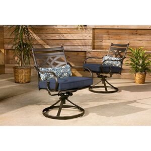 Hanover Montclair 7-Piece Steel Patio Dining Set with 6 Swivel Rockers, Navy Blue Cushions and Stamped Steel 40"x 67" Rectangular Dining Table, Outdoor Dining Set for 6, All Weather Patio Furniture