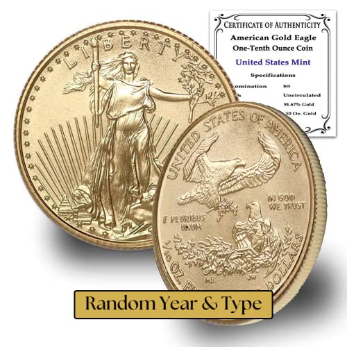 1986 - Present (Random Year) 1/10 oz Gold American Eagle Brilliant Uncirculated Coin (Type 1 or Type 2) with Certificate of Authenticity $5 BU