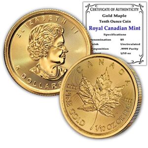 1979 - present (random year) ca 1/10 oz canadian gold maple leaf coin brilliant uncirculated (bu) with a certificate of authenticity $5 bu