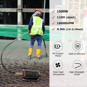 Seeutek Hand Held Electric Concrete Vibrator Motor 1500W 16000 RPM Portable Construction Insertion Vibrator Remove Air Bubbles and Level Concrete with 4.5 M (14-3/4feet) Long Shaft