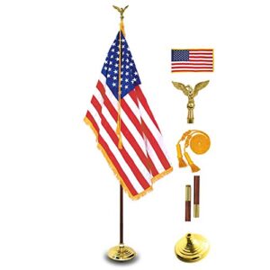anley 8 ft presidential deluxe indoor usa flag pole set - 8' oak pole, gold fringed us flag, stand, cord tassel and eagle top ornament for offices, schools, churches & auditoriums 8 foot high