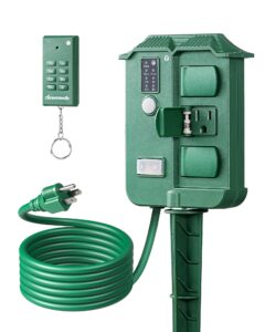 dewenwils outdoor power stake timer waterproof, 100ft wireless remote control, 6 grounded outlets, 6ft extension cord, photocell dusk to dawn for christmas decoration, lights, garden, ul listed
